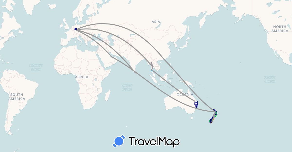 TravelMap itinerary: driving, bus, plane, train, hiking, boat, hitchhiking, chilli'n, living in Australia, China, Germany, Sri Lanka, New Zealand, Qatar, Thailand (Asia, Europe, Oceania)